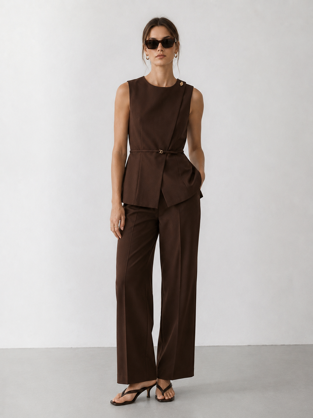 Sleeveless Asymmetric Peplum Top and Wide-Leg Trouser Set