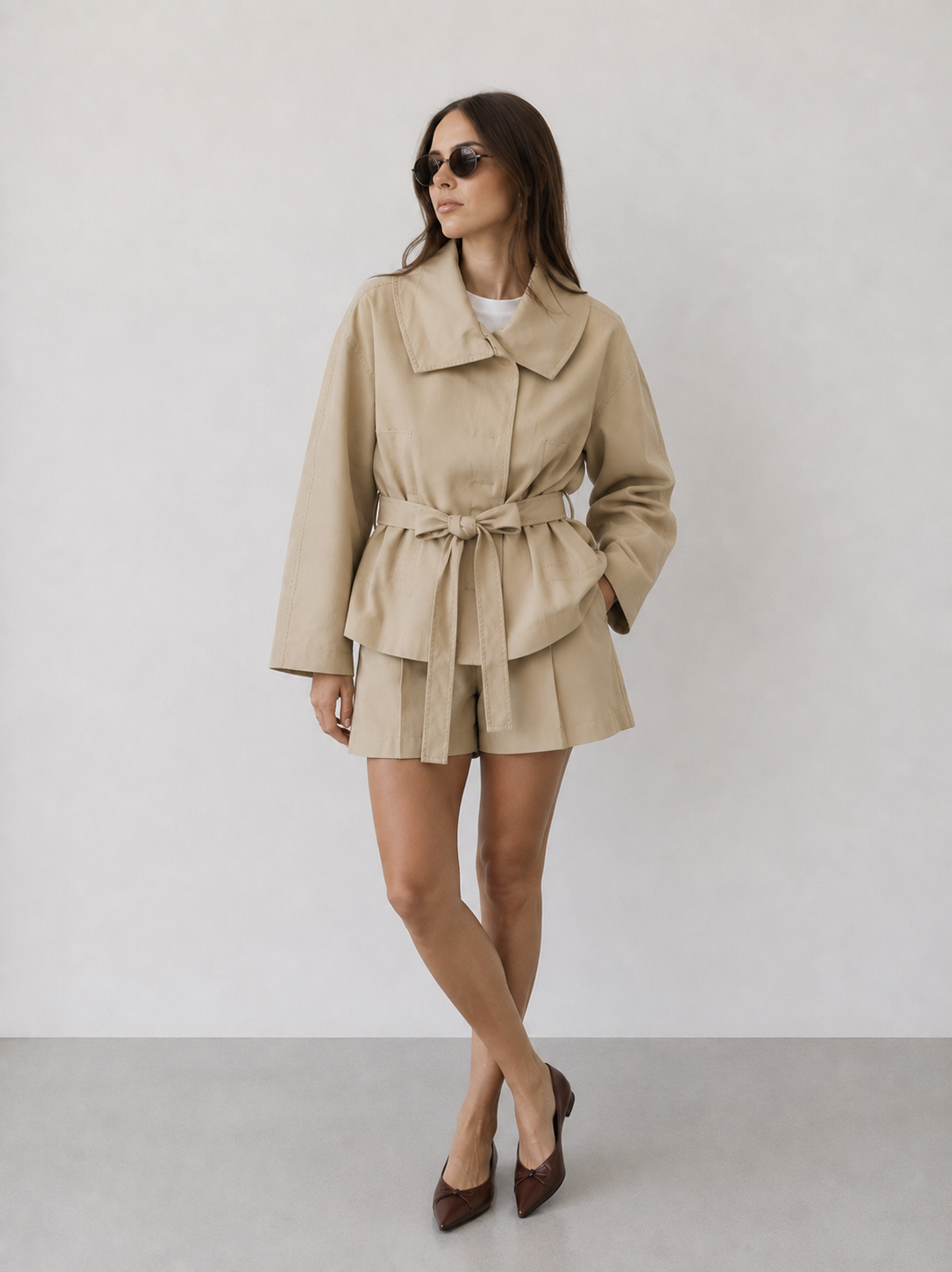 Trench Jacket and Plissé Mini Skirt Co-ord