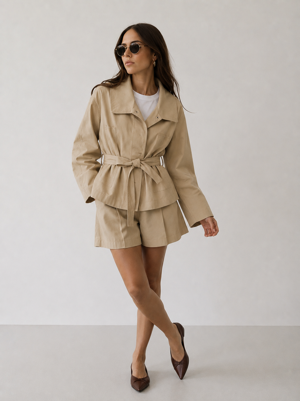Trench Jacket and Plissé Mini Skirt Co-ord
