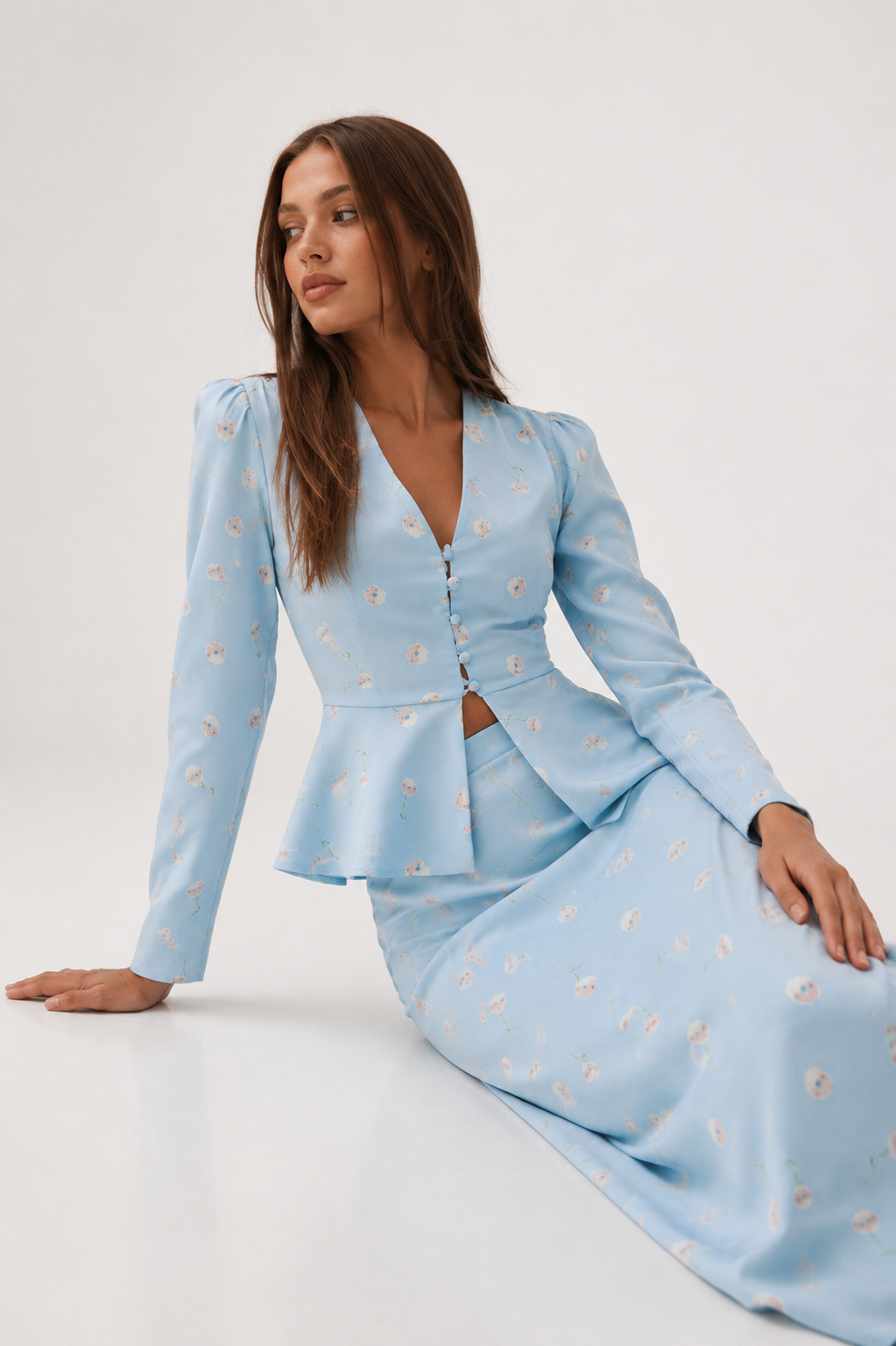 Floral Peplum Blouse and Column Maxi Skirt Set