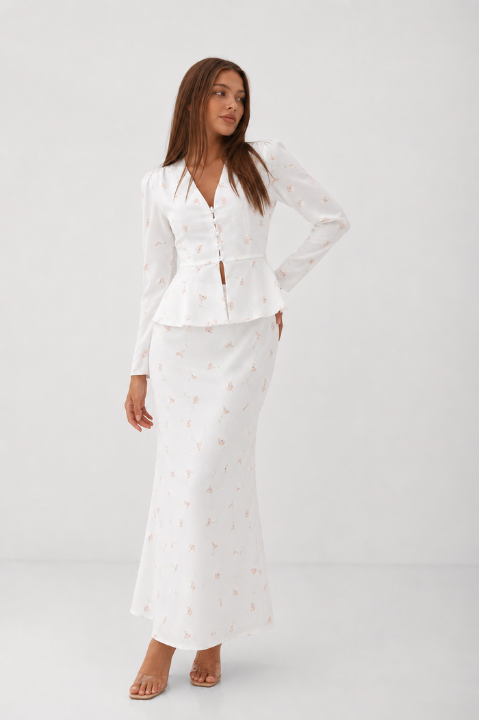 Floral Peplum Blouse and Column Maxi Skirt Set