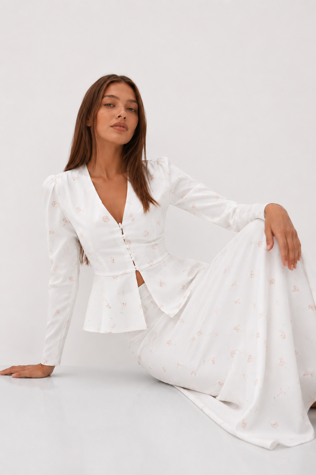 Floral Peplum Blouse and Column Maxi Skirt Set