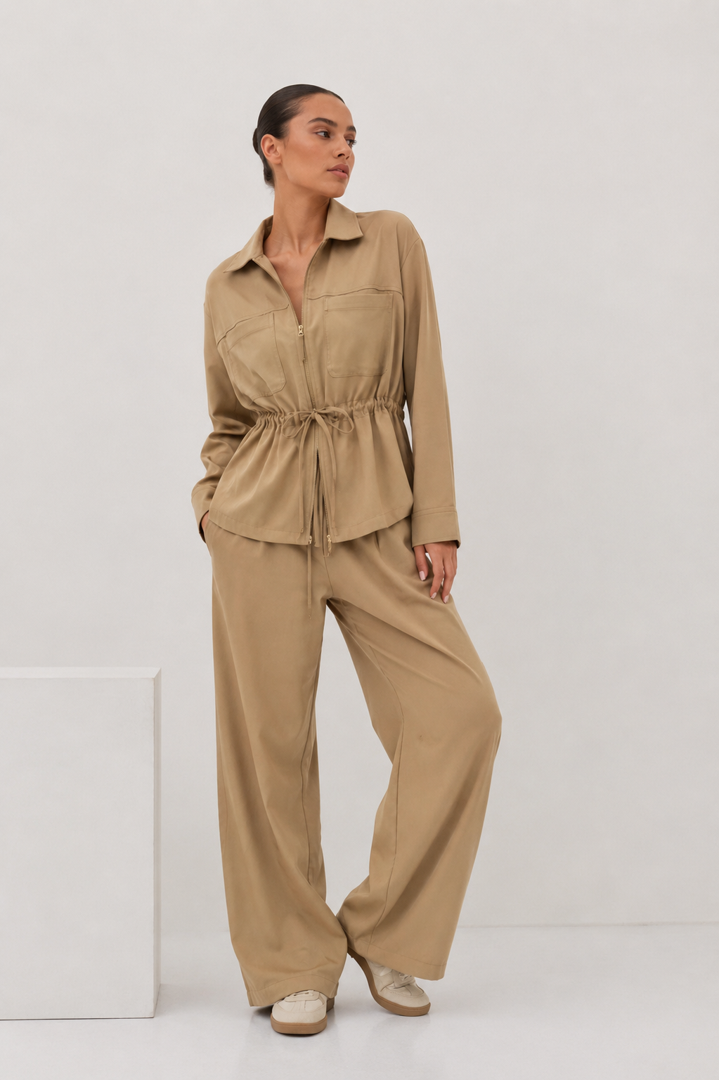 Cinched Utility Jacket and Wide-Leg Trouser Set