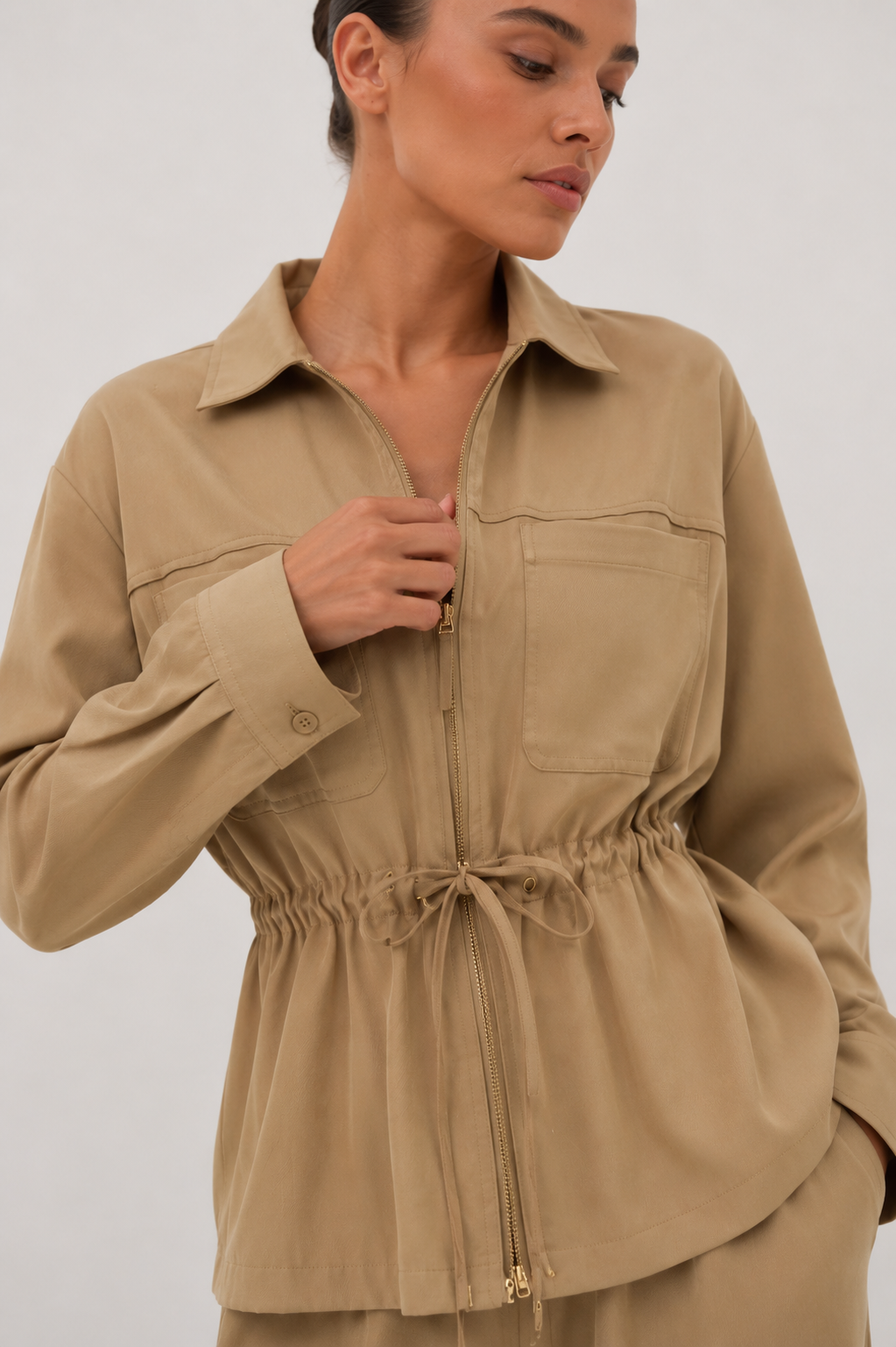 Cinched Utility Jacket and Wide-Leg Trouser Set