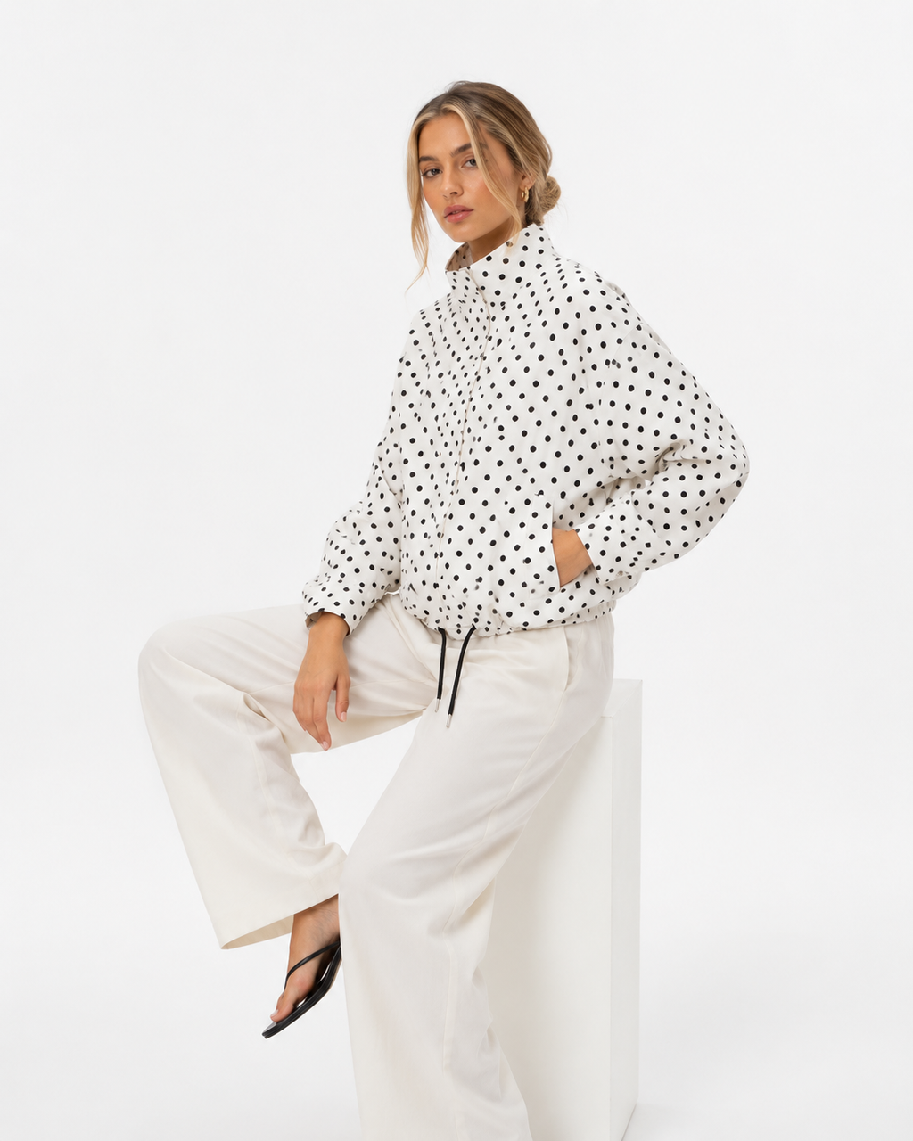 Drawstring Polka-Dot Blouse