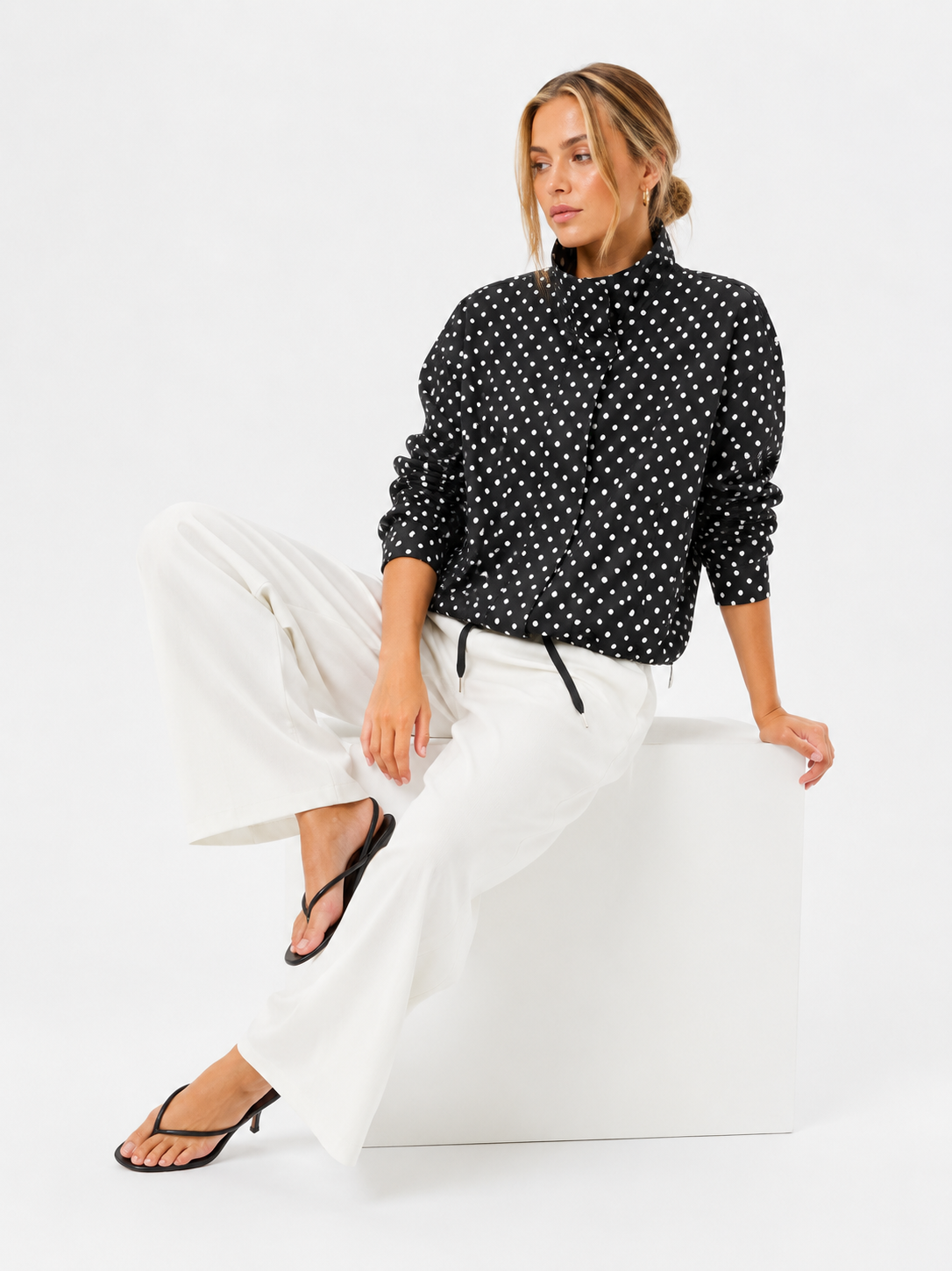 Drawstring Polka-Dot Blouse