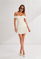 Off-The-Shoulder Double-Breasted Pleated Mini Dress