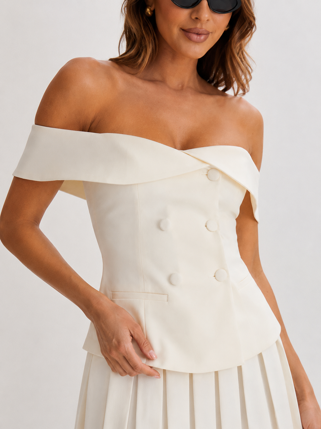 Off-The-Shoulder Double-Breasted Pleated Mini Dress