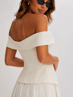 Off-The-Shoulder Double-Breasted Pleated Mini Dress