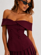 Off-The-Shoulder Double-Breasted Pleated Mini Dress