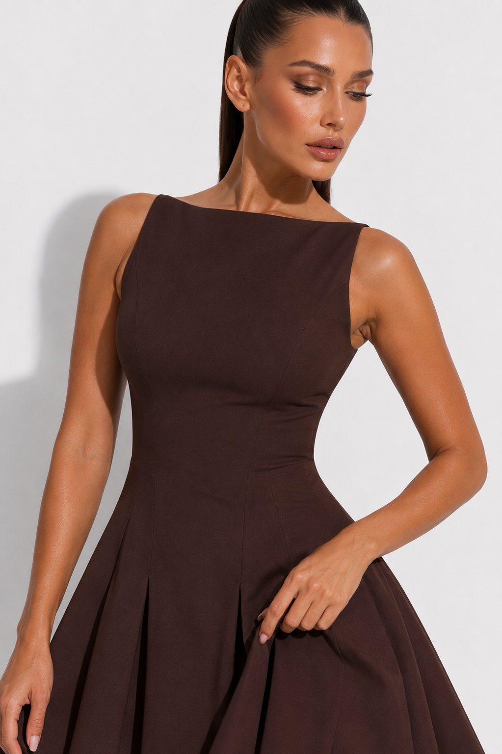 Boat-Neck Pleated Mini Dress