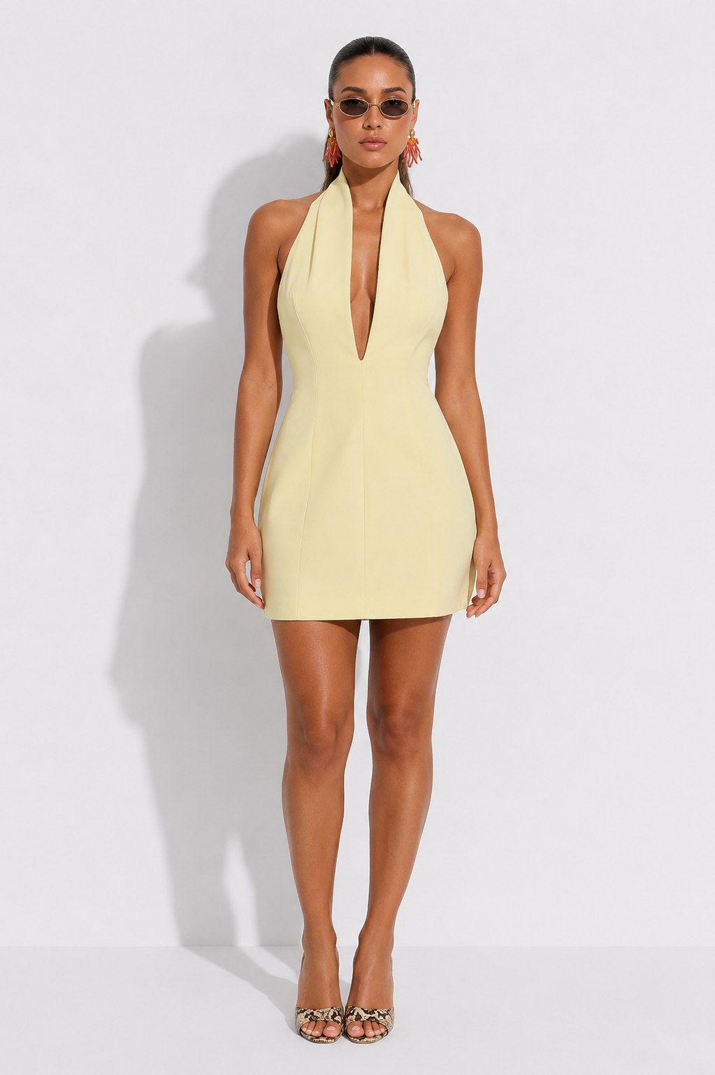 Halter-Neck Plunge Tailored Mini Dress