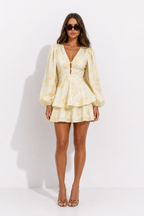 Floral Balloon-Sleeve Tiered Mini Dress