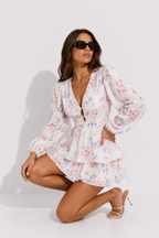 Floral Balloon-Sleeve Tiered Mini Dress