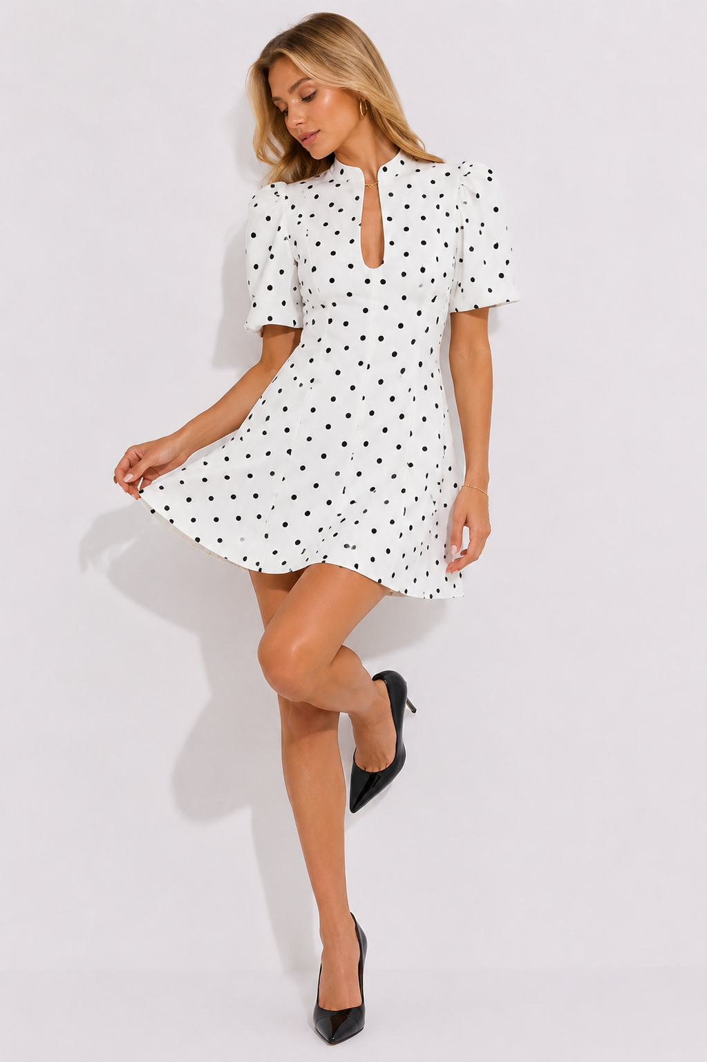 Keyhole Puff-Sleeve Tailored Mini Dress