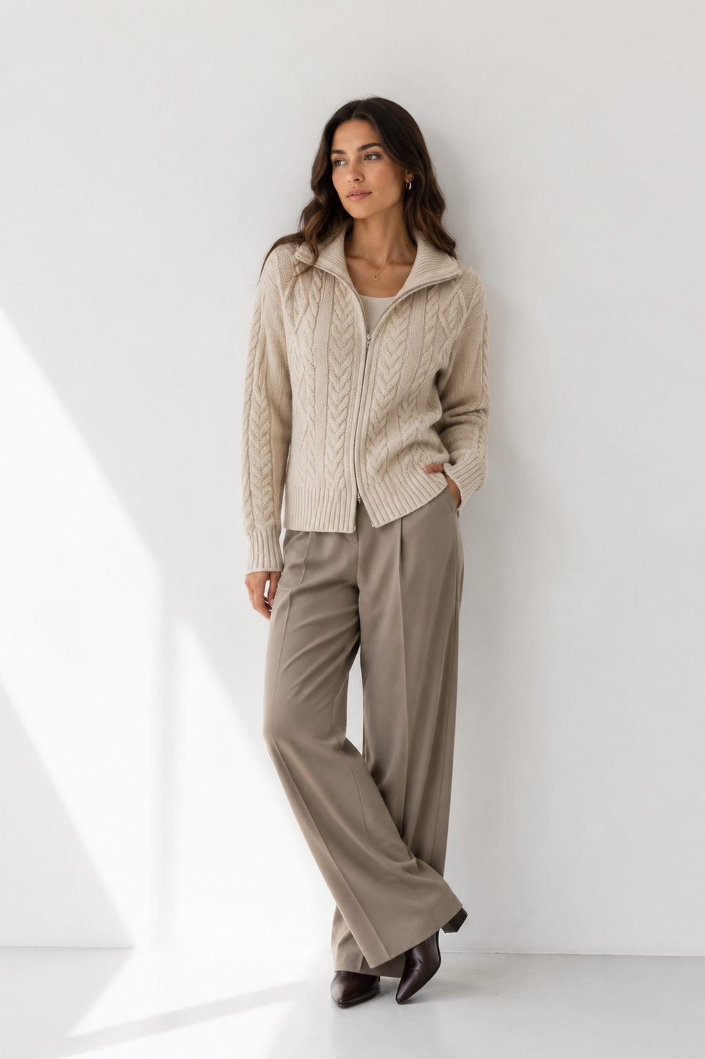 Cable-Knit Zip-Front Wool Cardigan