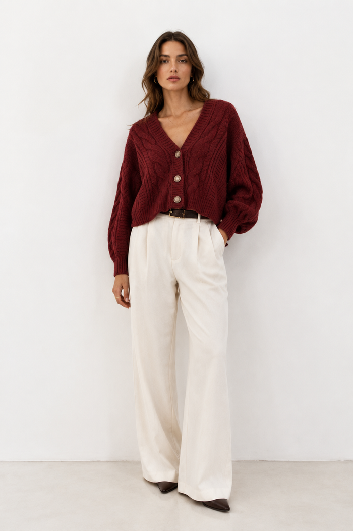 Cable-Knit Cropped V-Neck Cardigan