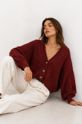 Cable-Knit Cropped V-Neck Cardigan