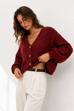 Cable-Knit Cropped V-Neck Cardigan