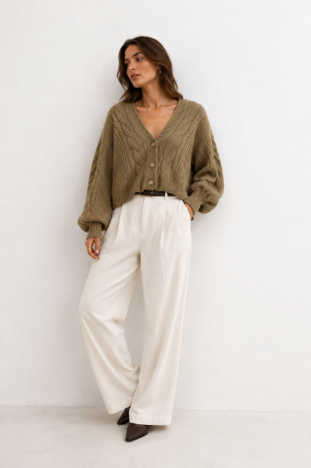 Cable-Knit Cropped V-Neck Cardigan