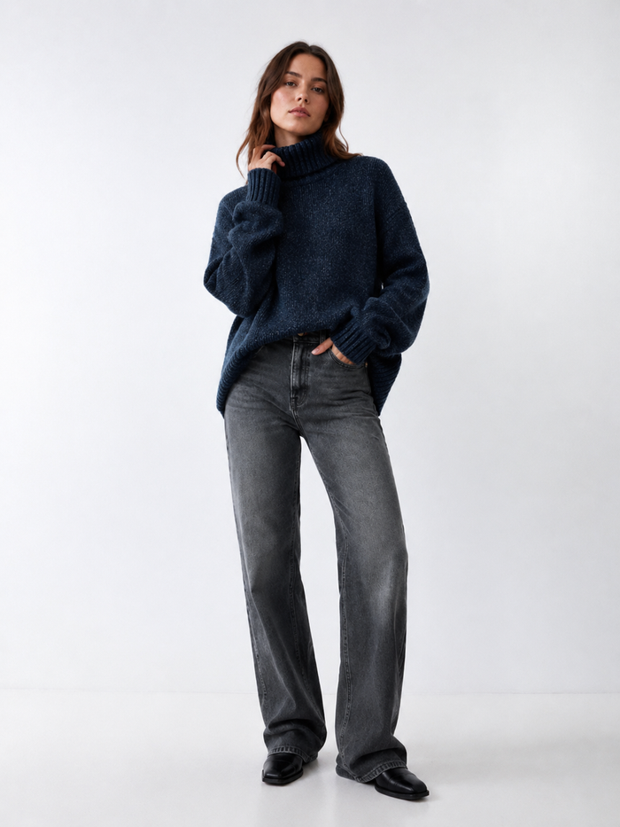 Chenille Ribbed Polo Neck Jumper