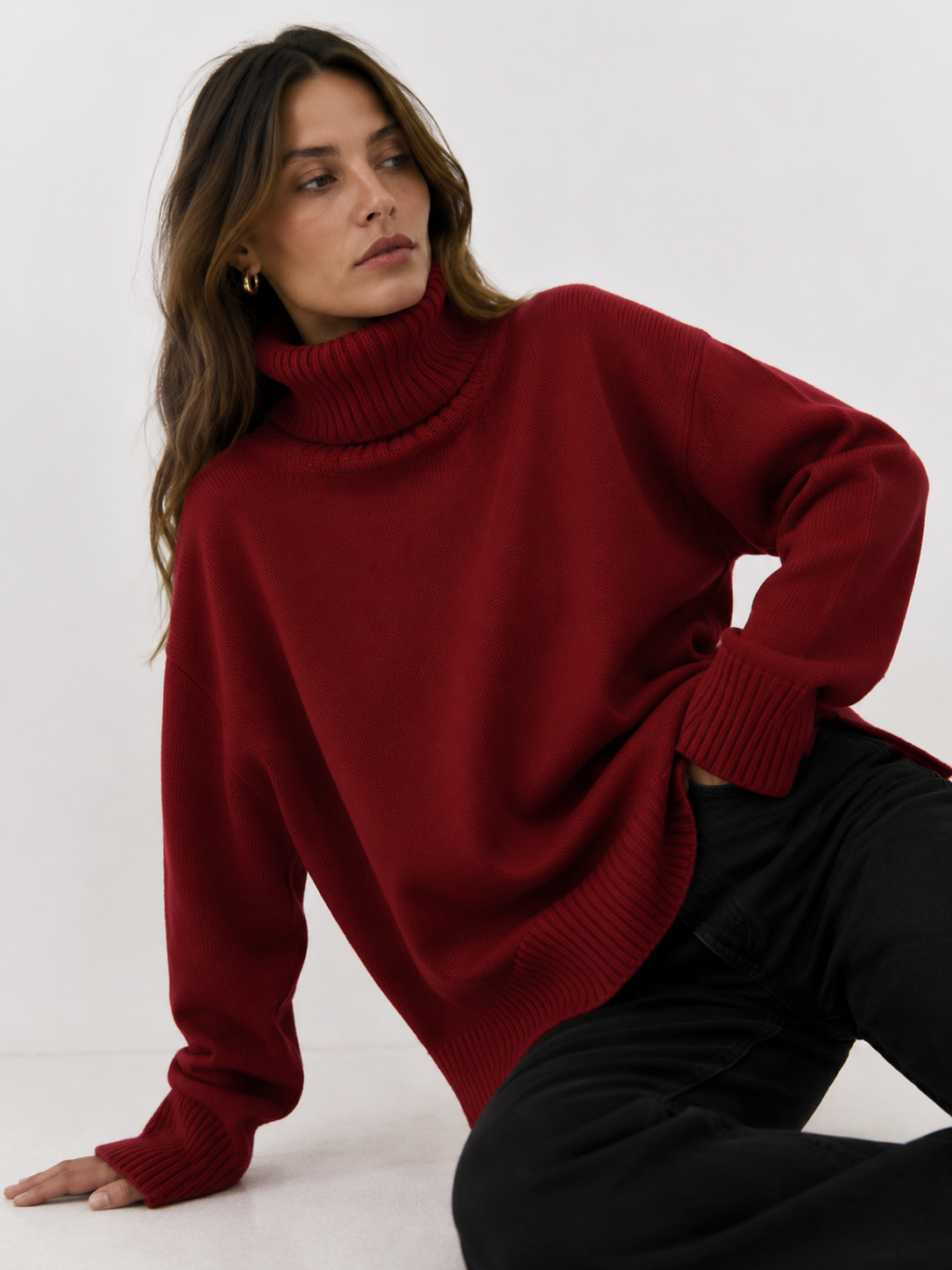 Oversized Rib-Trim Roll Neck Jumper