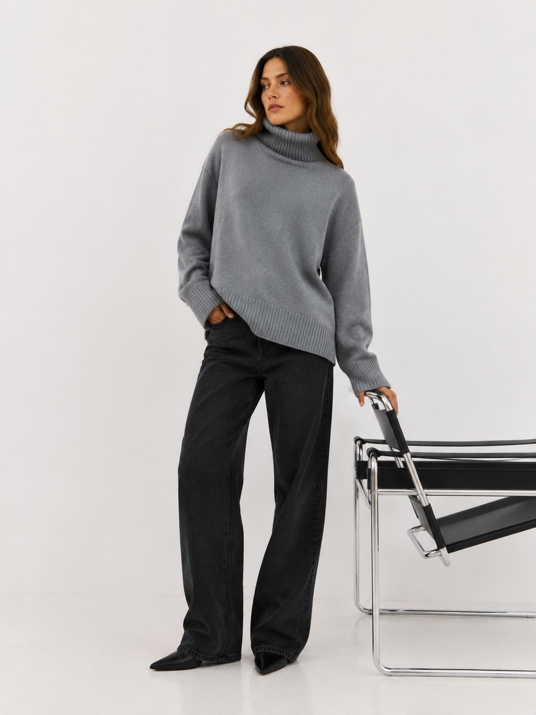 Oversized Rib-Trim Roll Neck Jumper