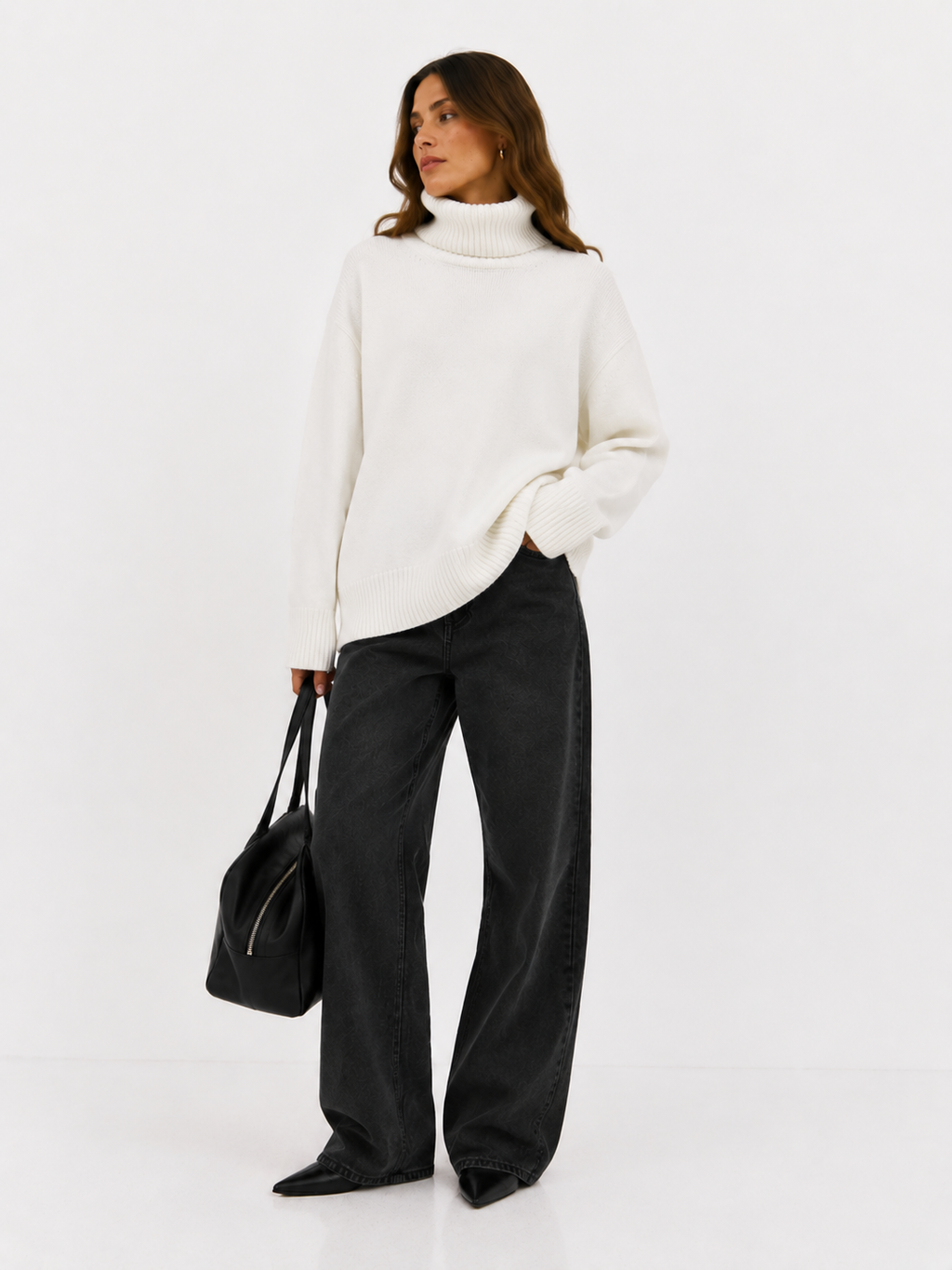 Oversized Rib-Trim Roll Neck Jumper