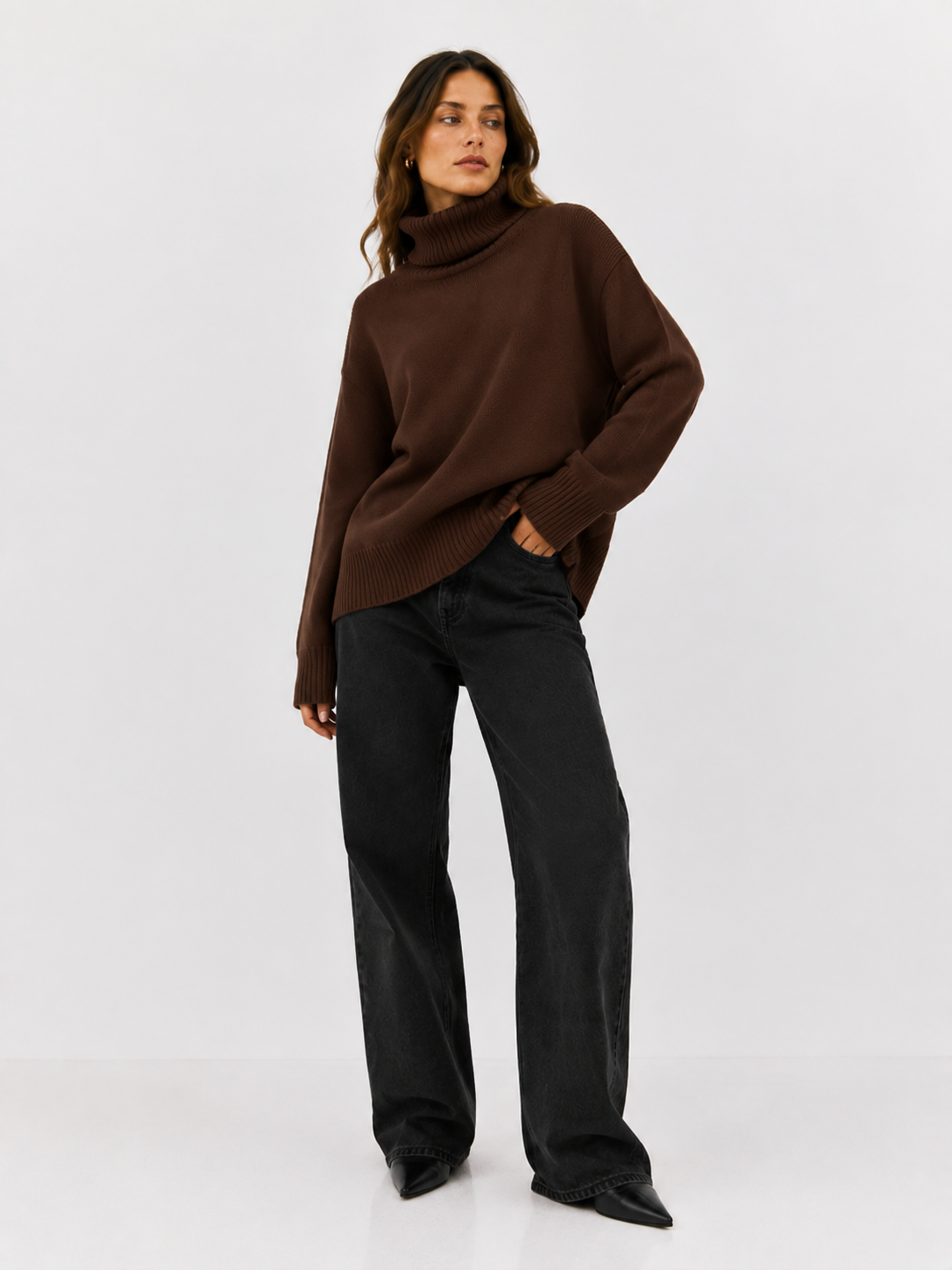 Oversized Rib-Trim Roll Neck Jumper