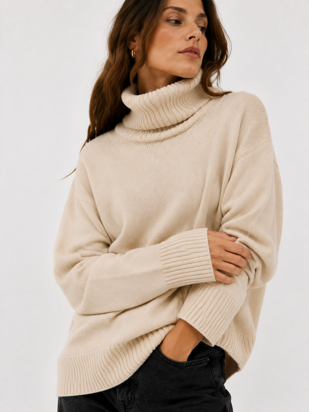 Oversized Rib-Trim Roll Neck Jumper