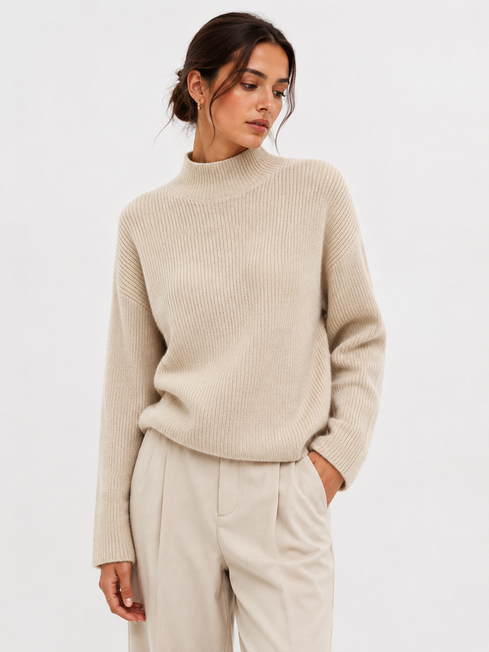 Fleece-Lined Ribbed Mock-Neck Jumper