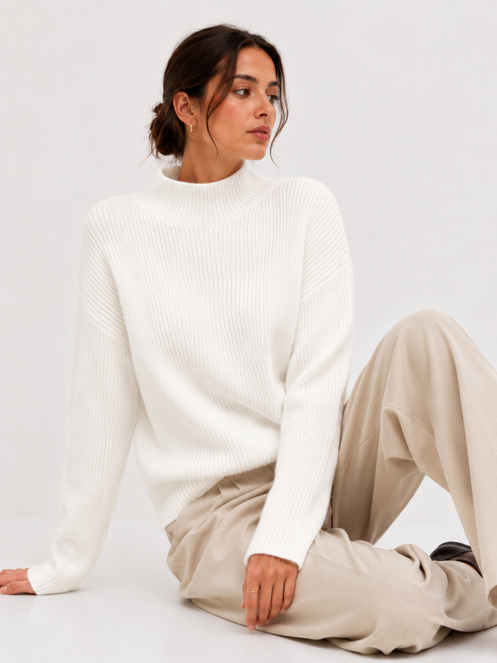 Fleece-Lined Ribbed Mock-Neck Jumper