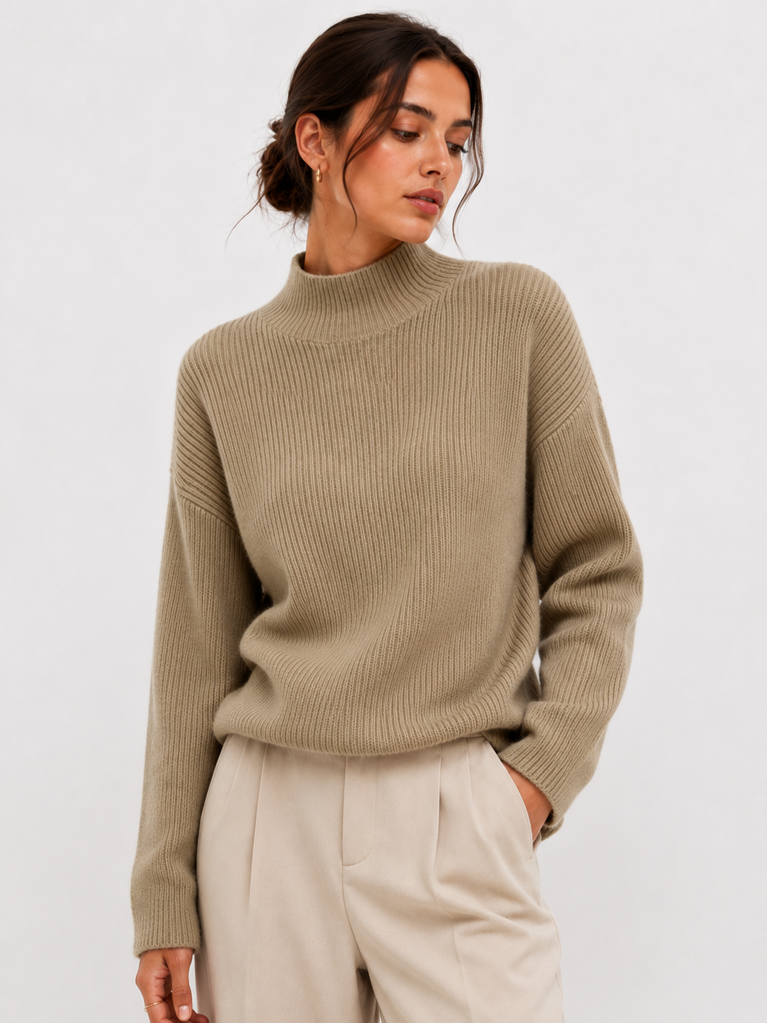 Fleece-Lined Ribbed Mock-Neck Jumper