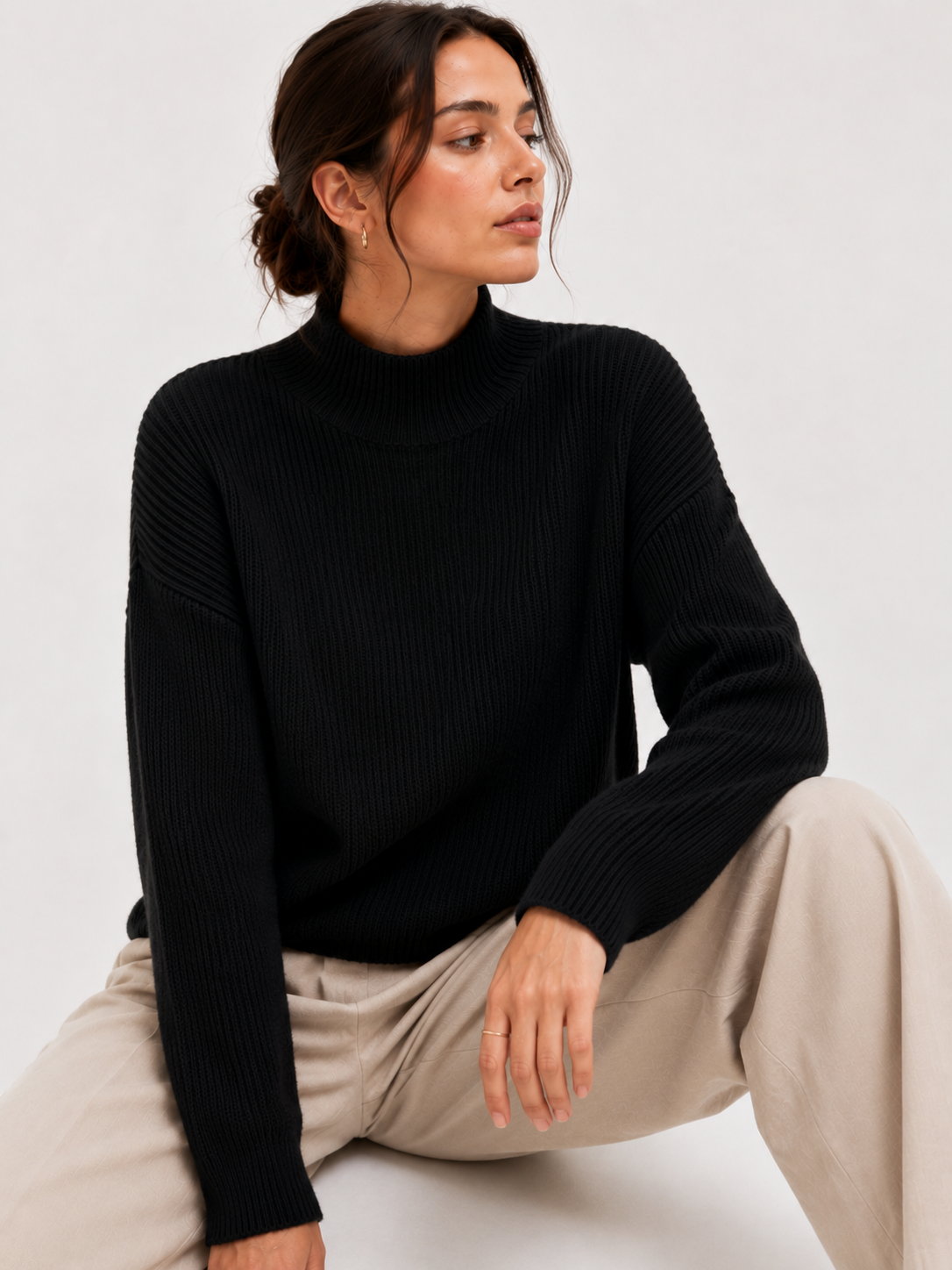 Fleece-Lined Ribbed Mock-Neck Jumper