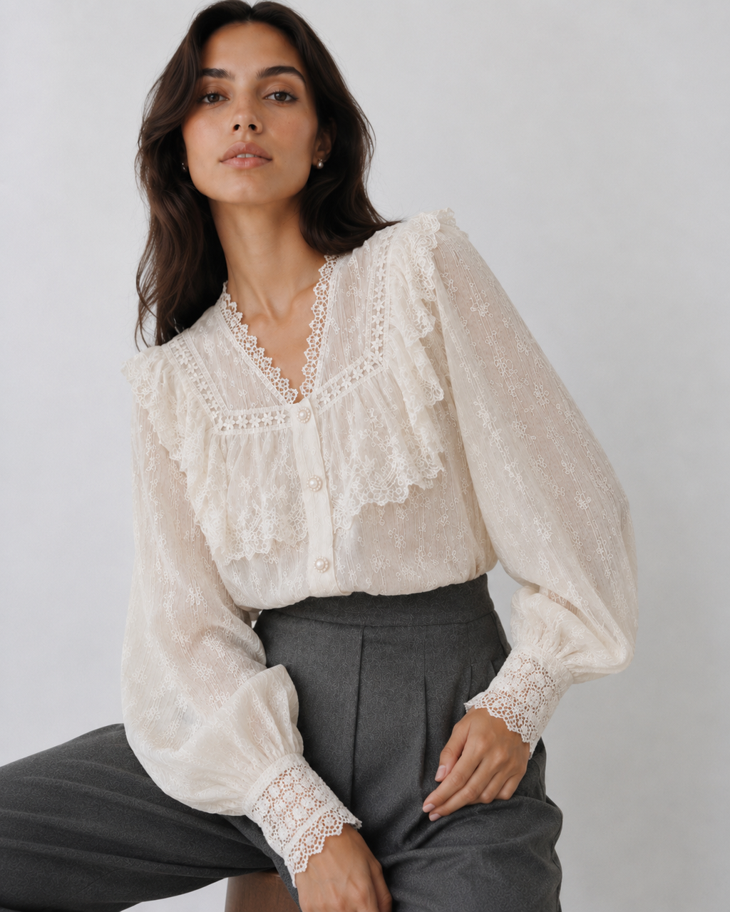Vintage-Inspired Ruffled Lace Blouse