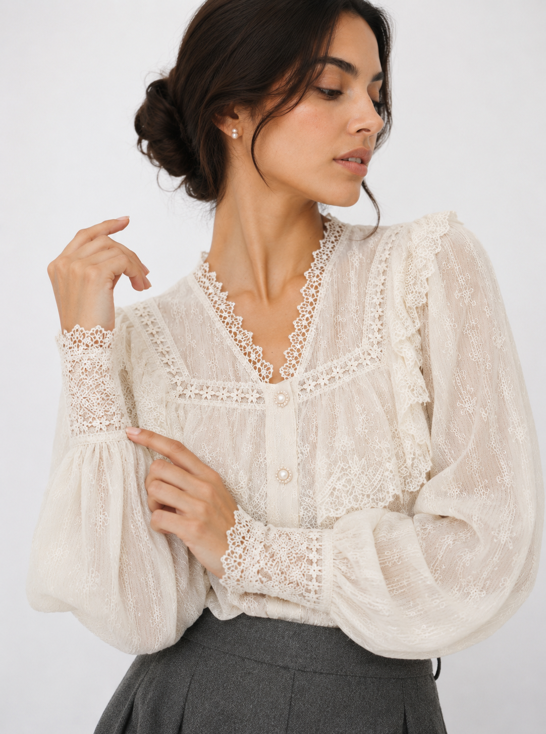 Embroidered Mesh Ruffle Blouse
