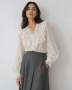 Embroidered Mesh Ruffle Blouse