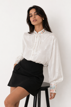 Chinoiserie Silk Blouse with Pink Floral Embroidery