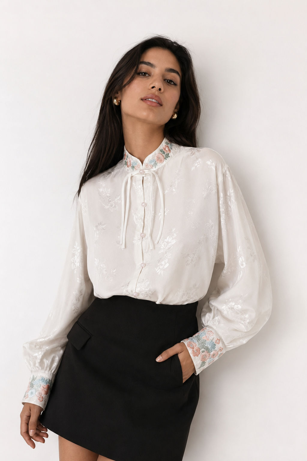 Chinoiserie Silk Blouse with Pink Floral Embroidery