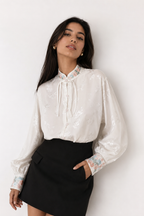 Chinoiserie Silk Blouse with Pink Floral Embroidery
