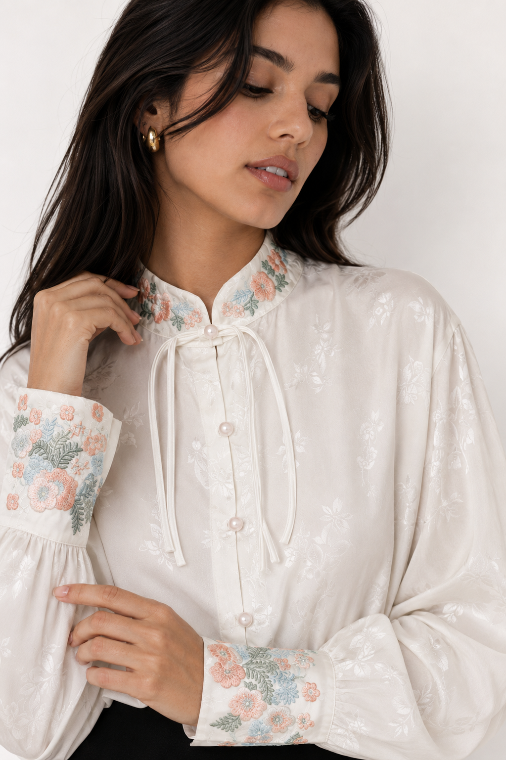 Chinoiserie Silk Blouse with Pink Floral Embroidery