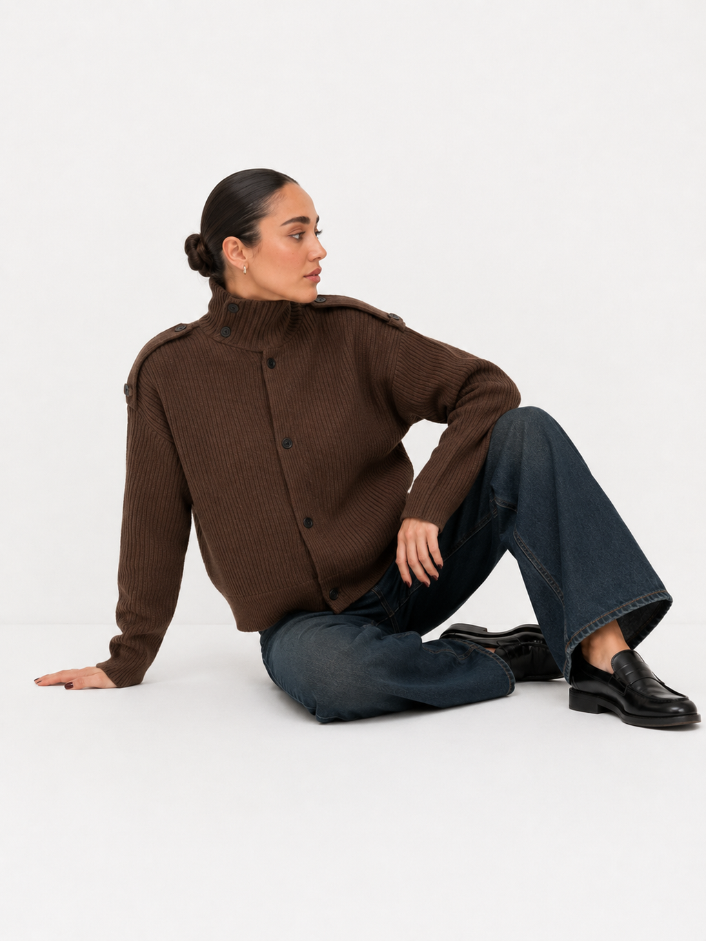 Button-Detail Ribbed Funnel Neck Cardigan