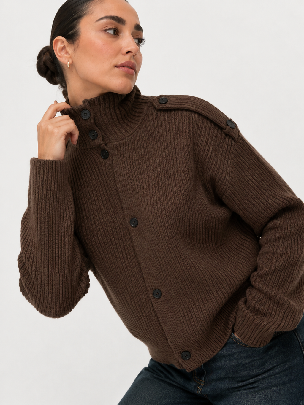 Button-Detail Ribbed Funnel Neck Cardigan