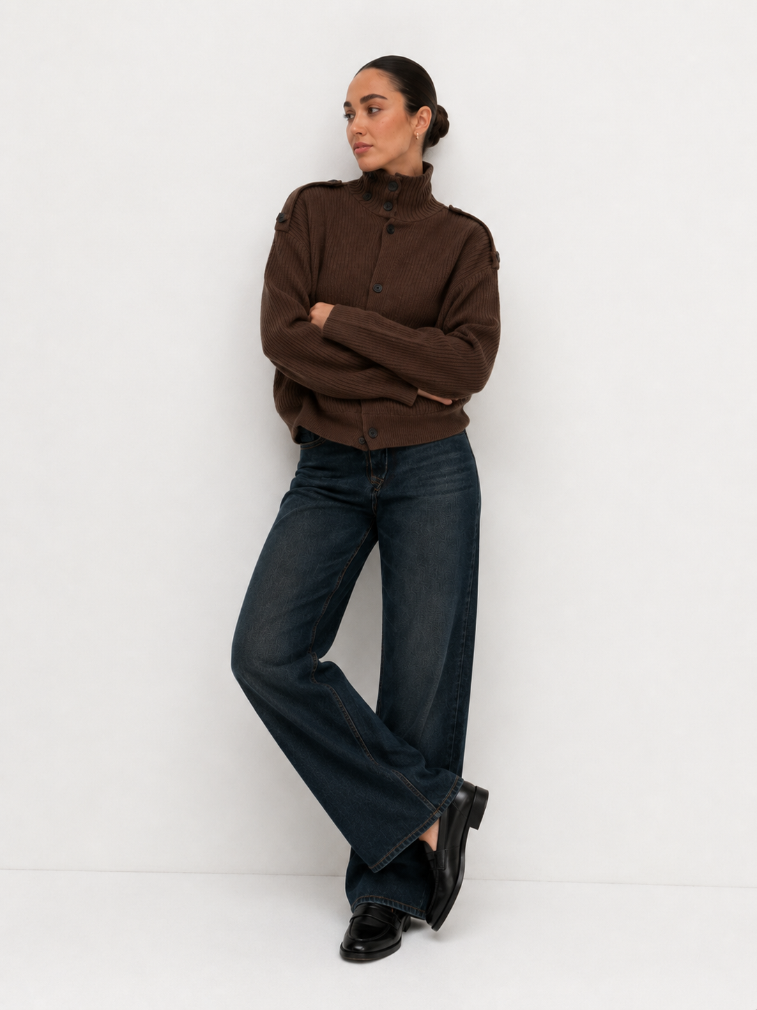 Button-Detail Ribbed Funnel Neck Cardigan