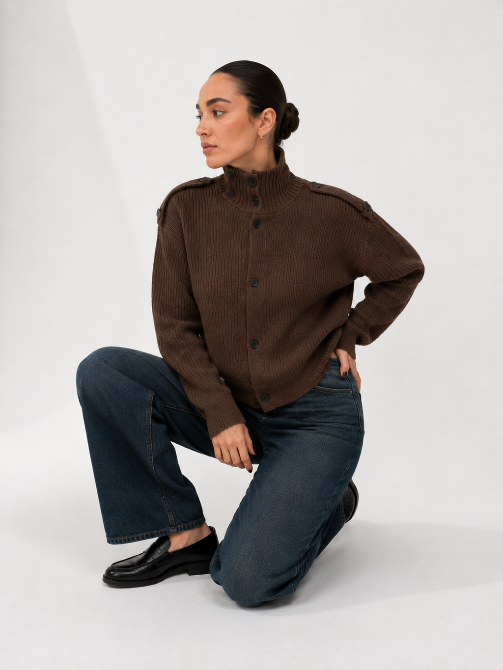Button-Detail Ribbed Funnel Neck Cardigan
