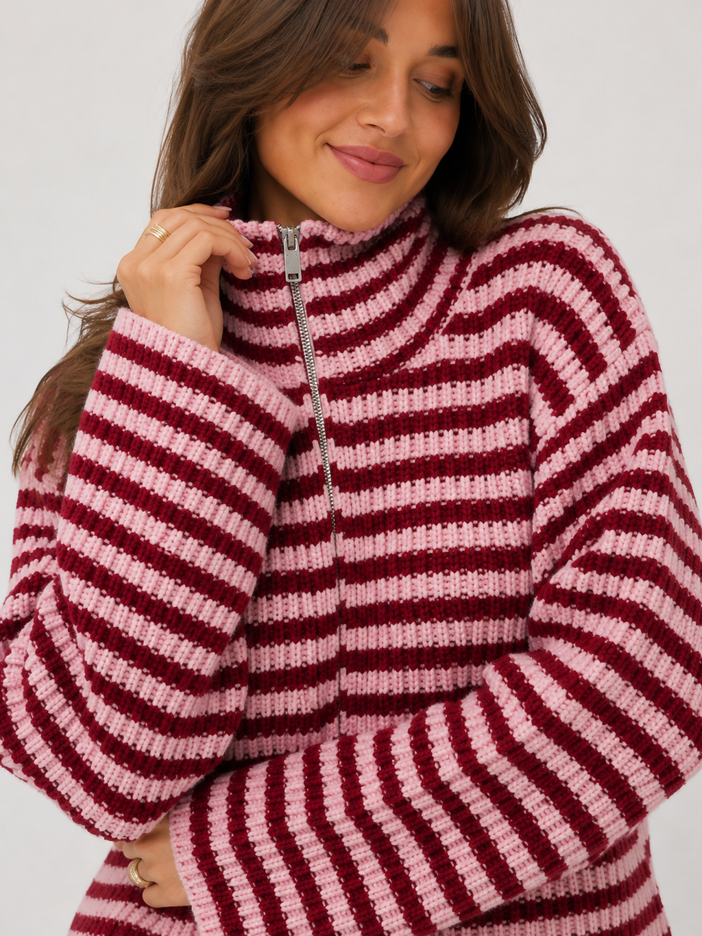 Two-Way Zip Striped Ribbed Cardigan