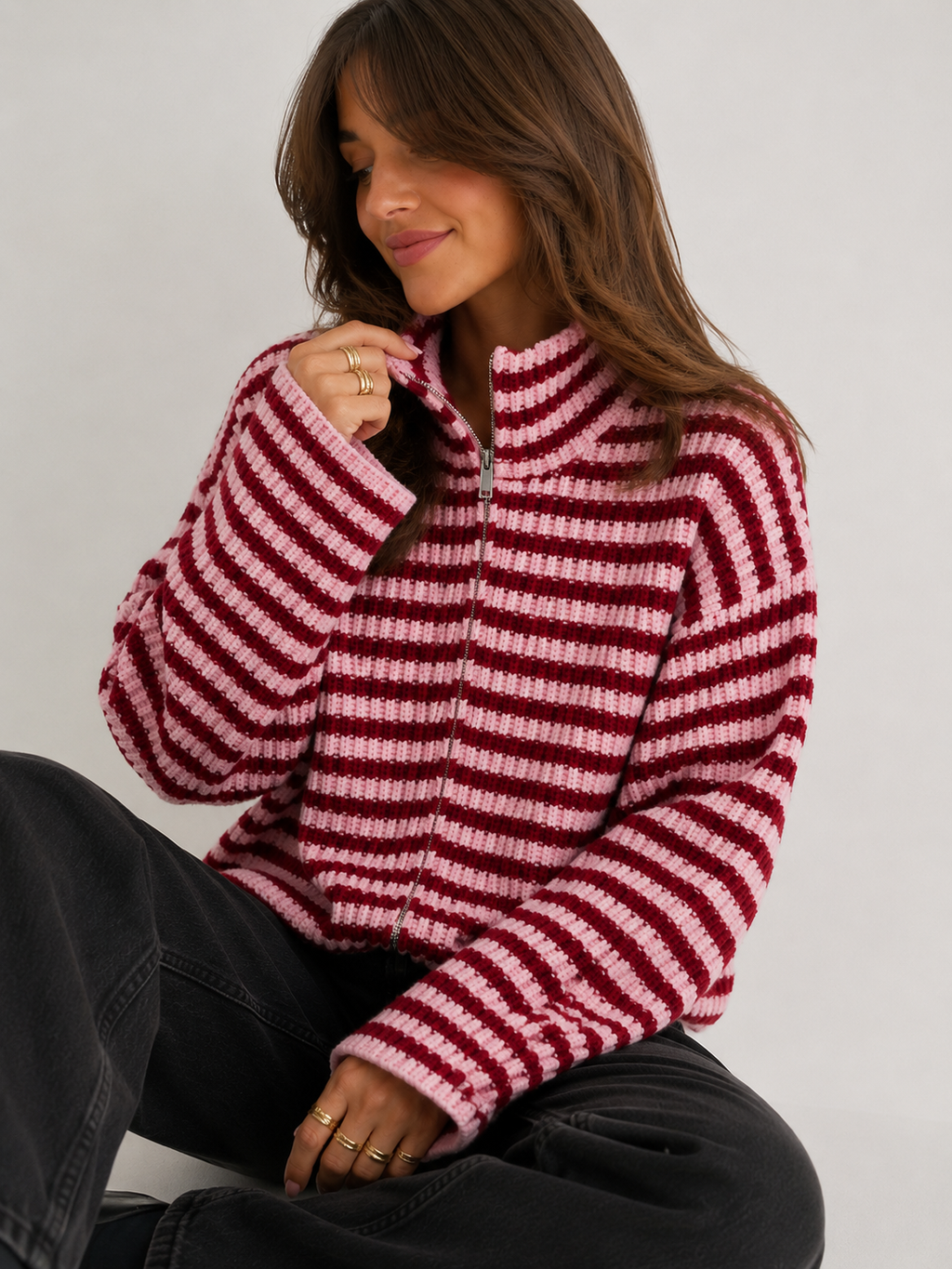 Two-Way Zip Striped Ribbed Cardigan