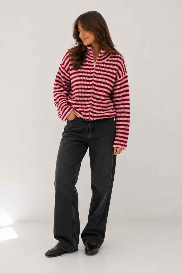 Two-Way Zip Striped Ribbed Cardigan