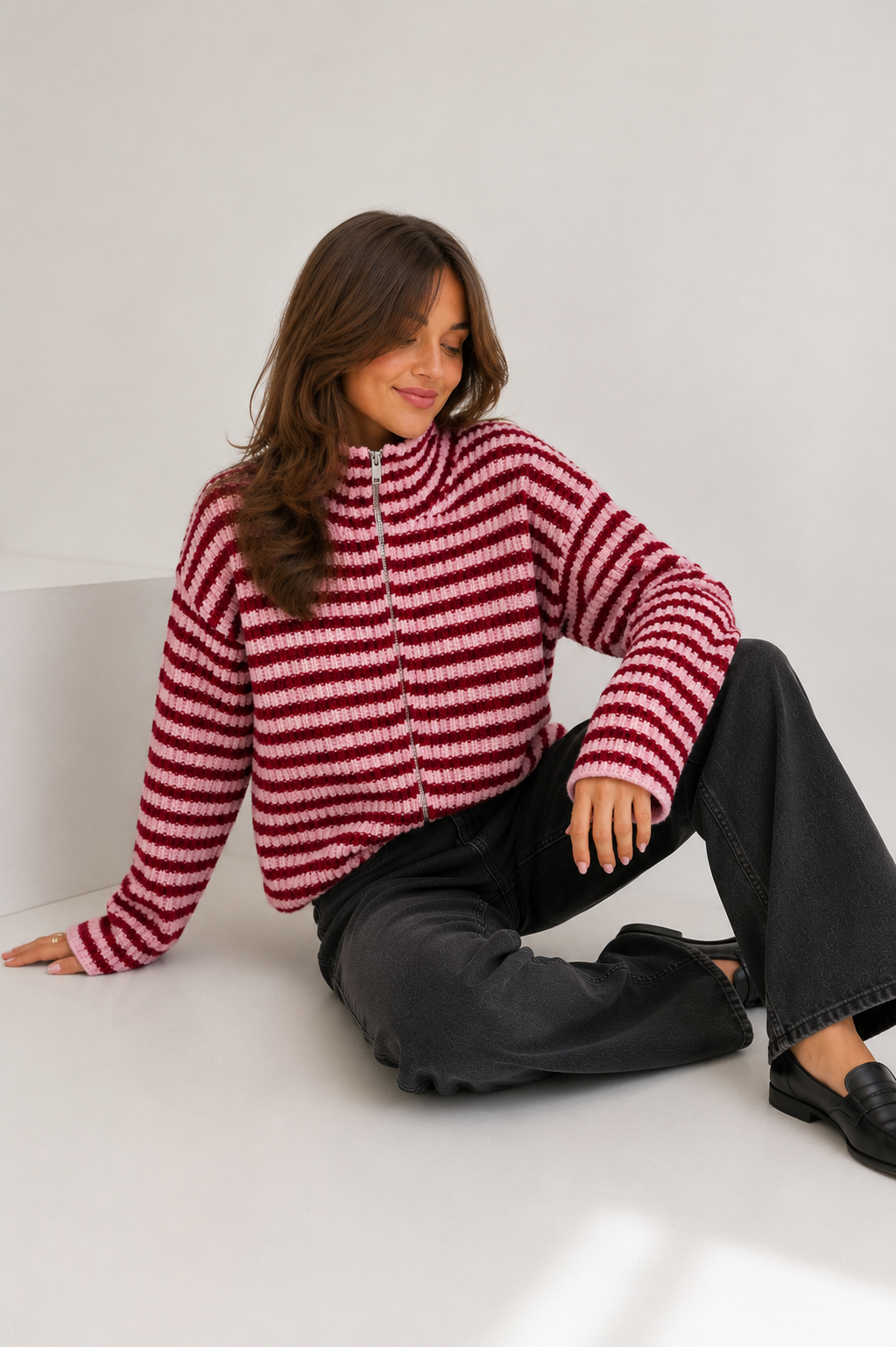 Two-Way Zip Striped Ribbed Cardigan