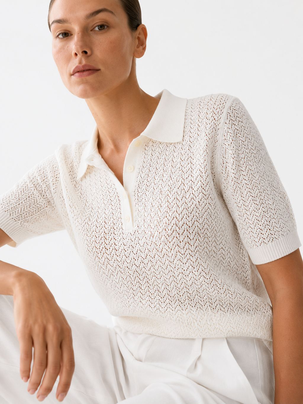 Pointelle Knit Short Sleeve Polo Shirt